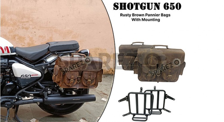 For Royal Enfield Shotgun 650 Leather Pannier Bags Rusty Brown With Mounting - SPAREZO